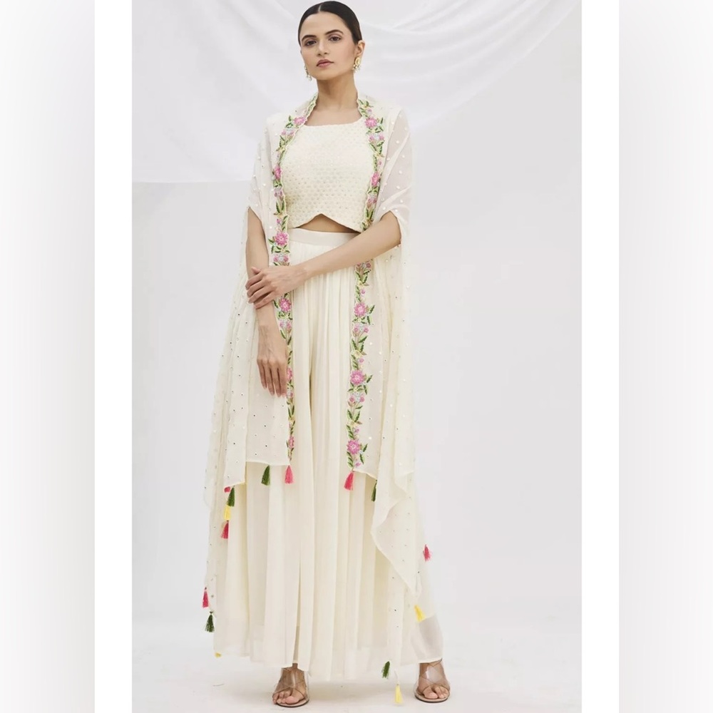 Embroidered Ivory Floral Cape Sharara Set